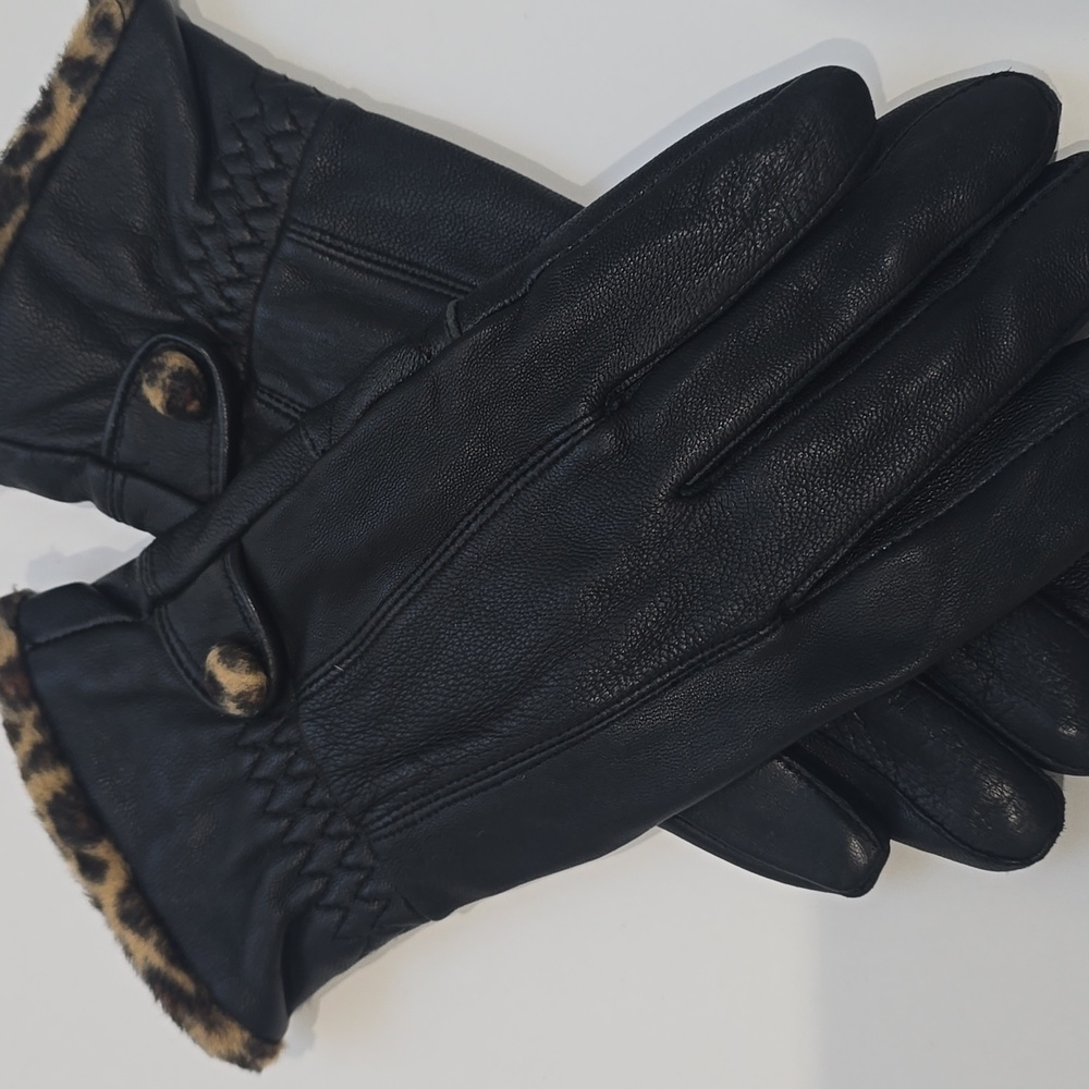 NEW ✅ Black Leather & Leopard-Print Trim Gloves with Fleece Lining Women's